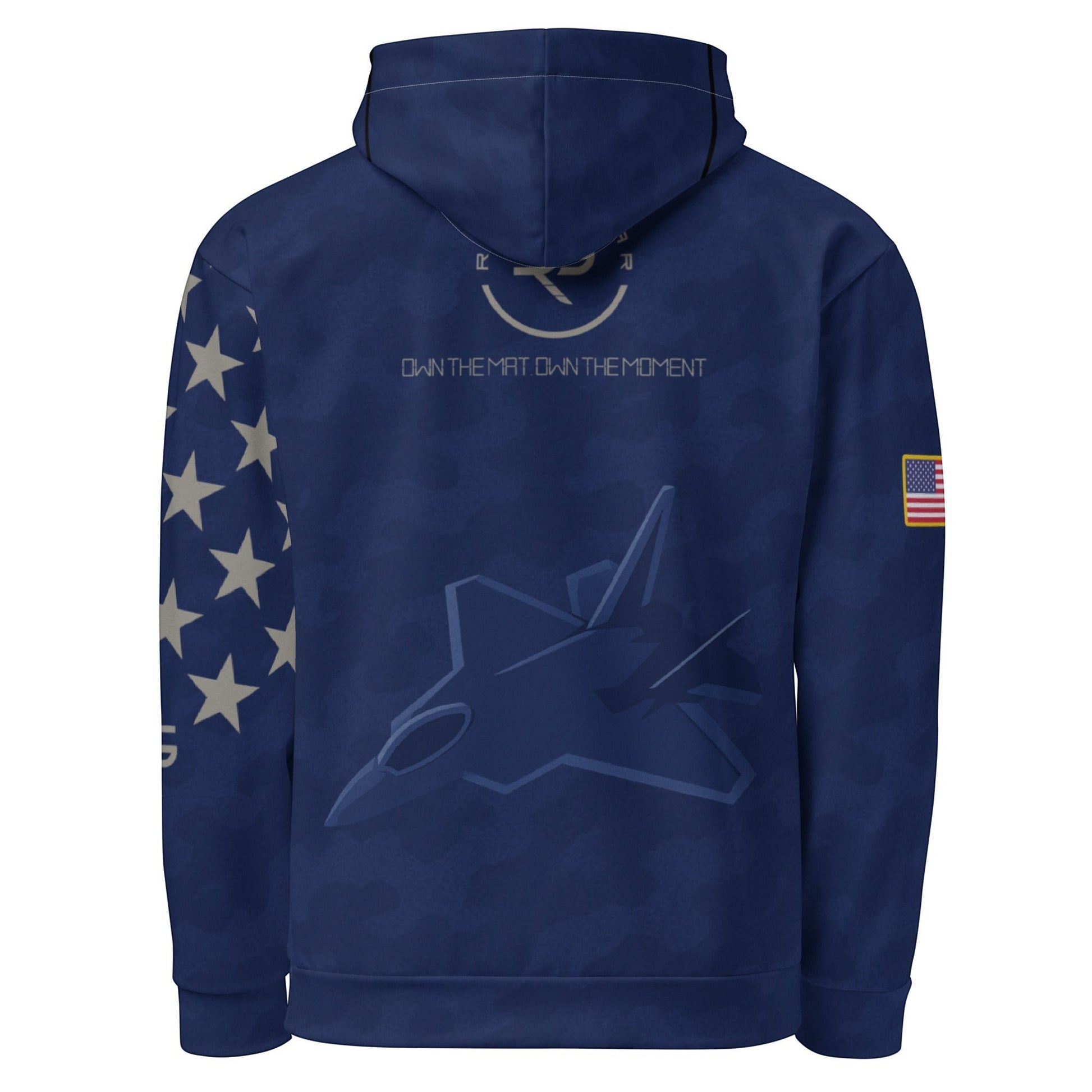 Navy blue hoodie with star design and American flag on sleeve