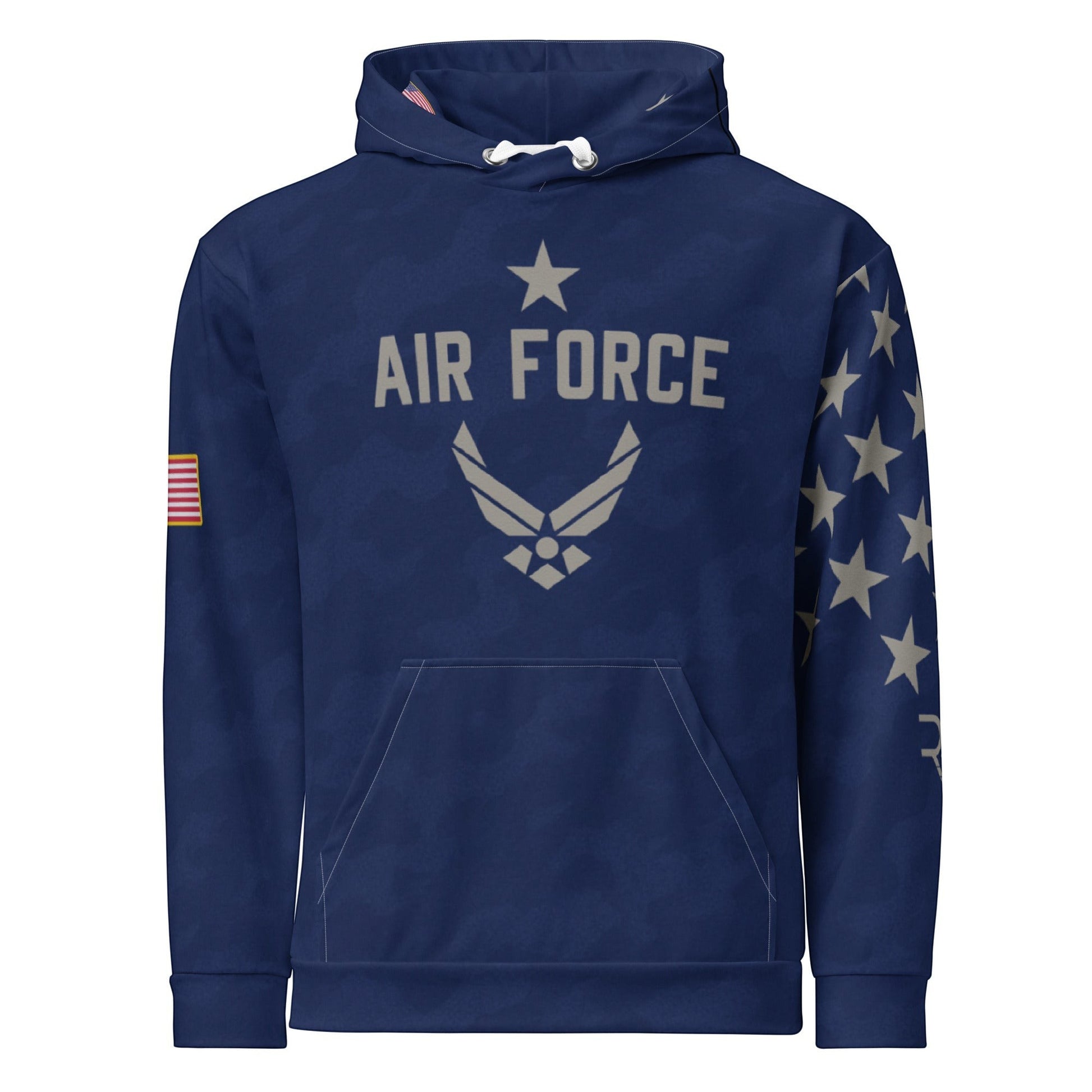 Blue hoodie with Air Force logo and stars on a white background
