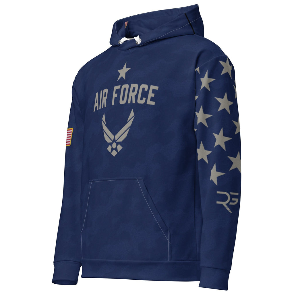 Roll Gear Air Force hoodie in navy blue with Air Force logo, star pattern on sleeve, and US flag patch.