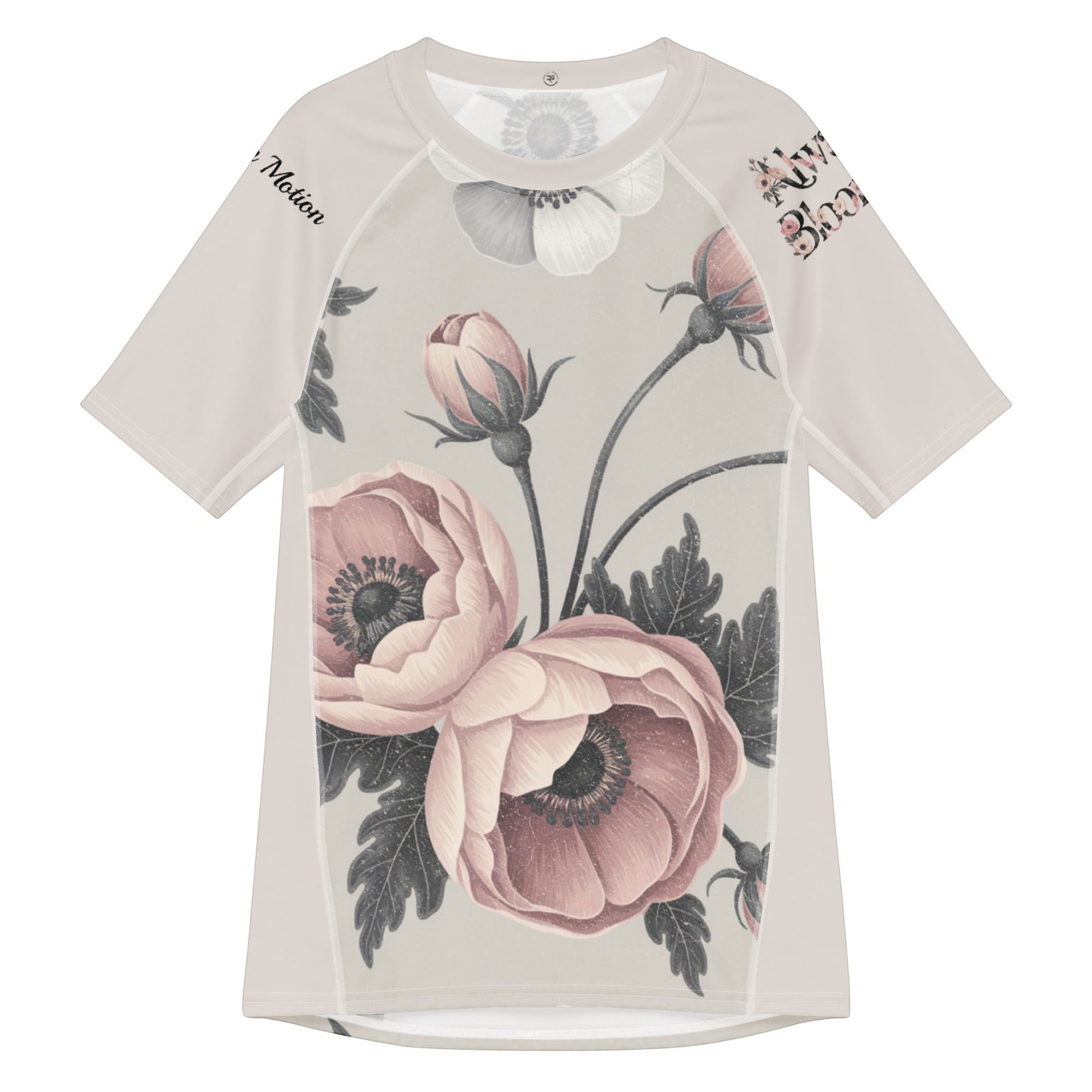 Roll Gear Always Blooming women's short sleeve rash guard with pink floral print and UPF 50+ protection.