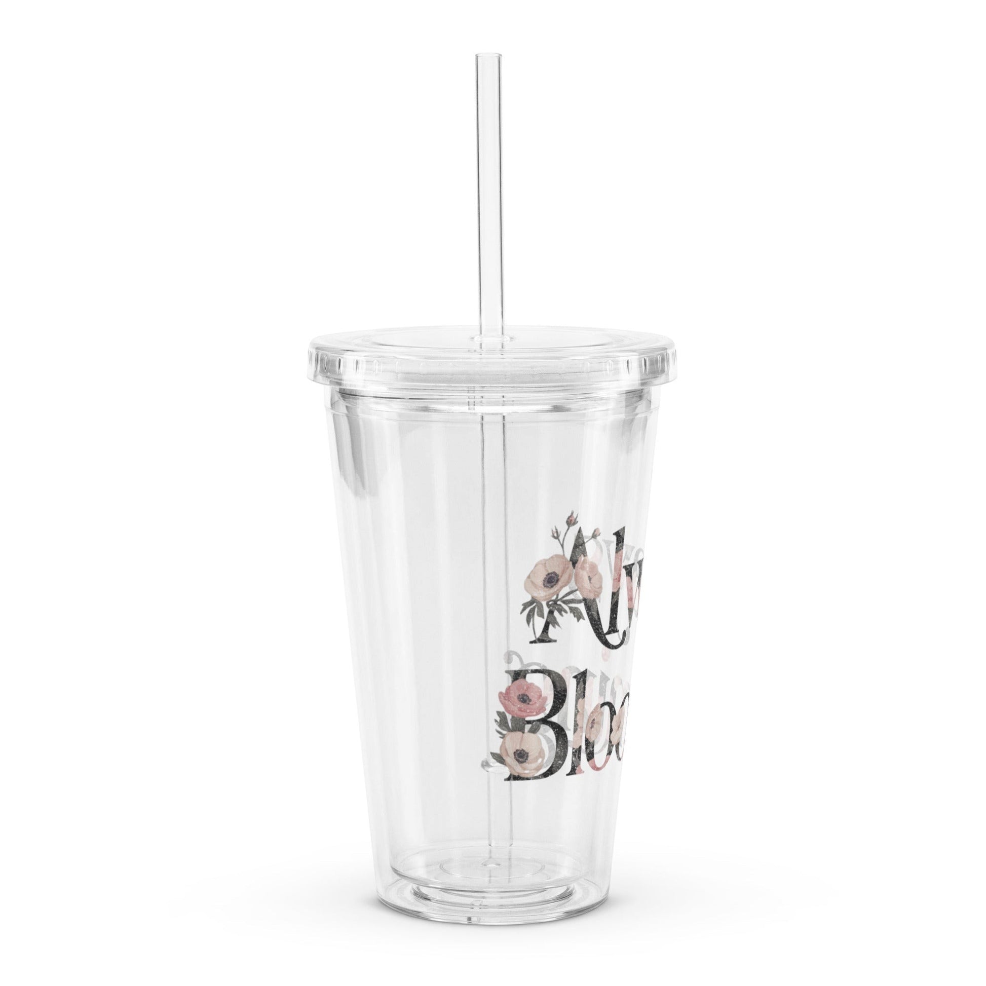 Roll Gear Always Blooming 16 oz clear plastic double-wall tumbler with lid and straw, featuring floral accents.