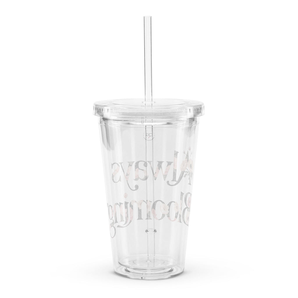 Roll Gear 16 oz clear double-wall plastic tumbler with lid and straw, featuring a floral "Always Blooming" design.