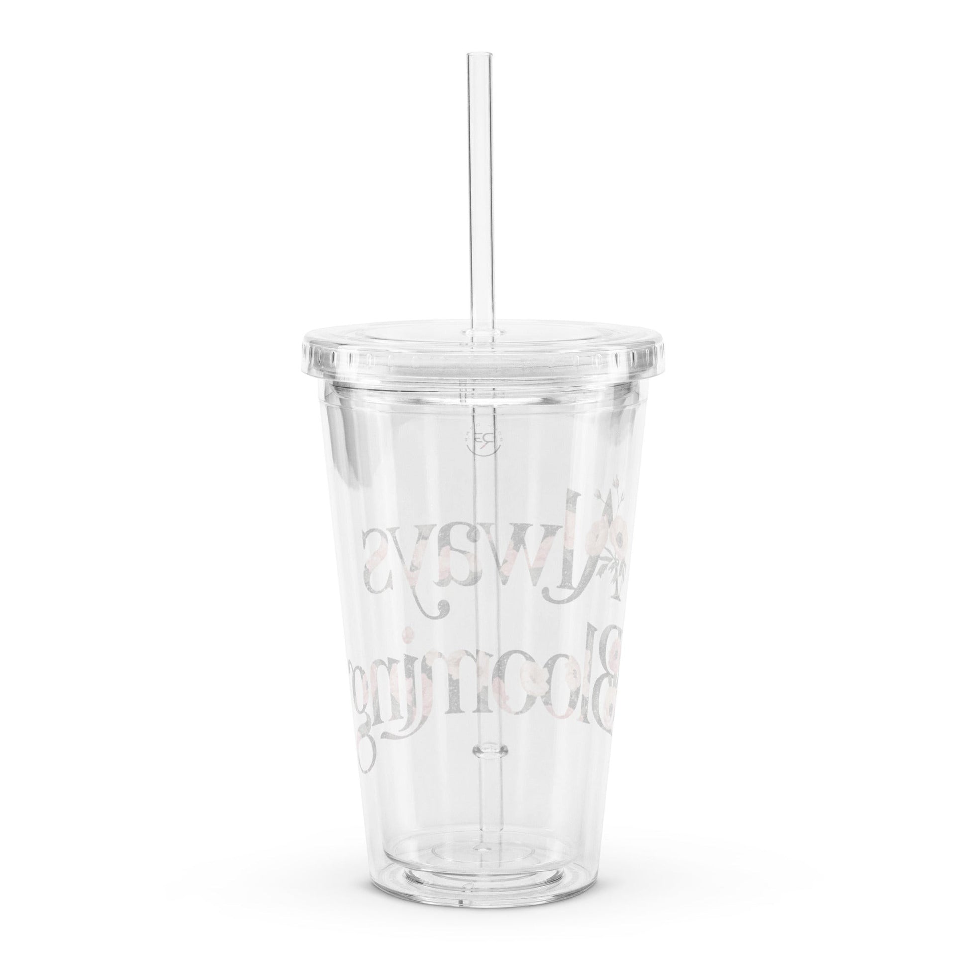 Roll Gear 16 oz clear double-wall plastic tumbler with lid and straw, featuring a floral "Always Blooming" design.