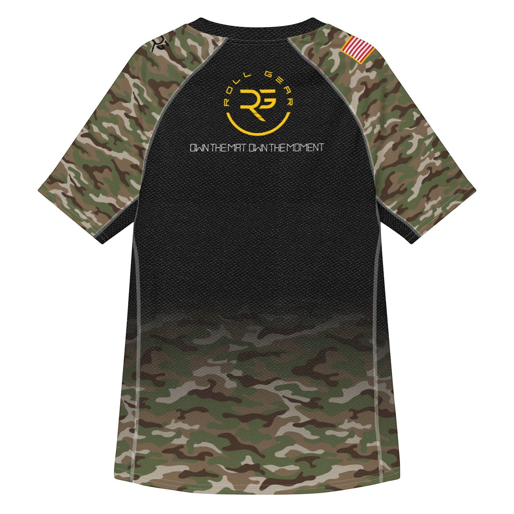 Roll Gear unisex short sleeve rash guard with black body and classic camo sleeves, featuring US Army graphics and star emblem.