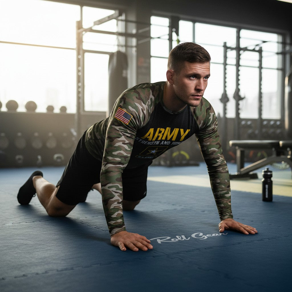 Roll Gear Men's Army Classic Long Sleeve Rash Guard in black with woodland camo sleeves, yellow U.S. Army lettering, and star emblem. Man doing push-ups in a gym.