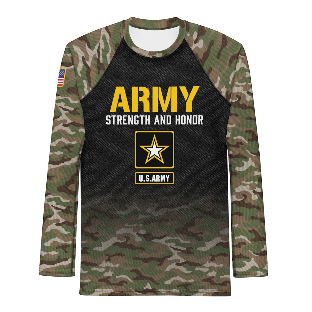 Roll Gear Men's Army Classic Long Sleeve Rash Guard with black body, woodland camo sleeves, yellow U.S. Army lettering, and star emblem.