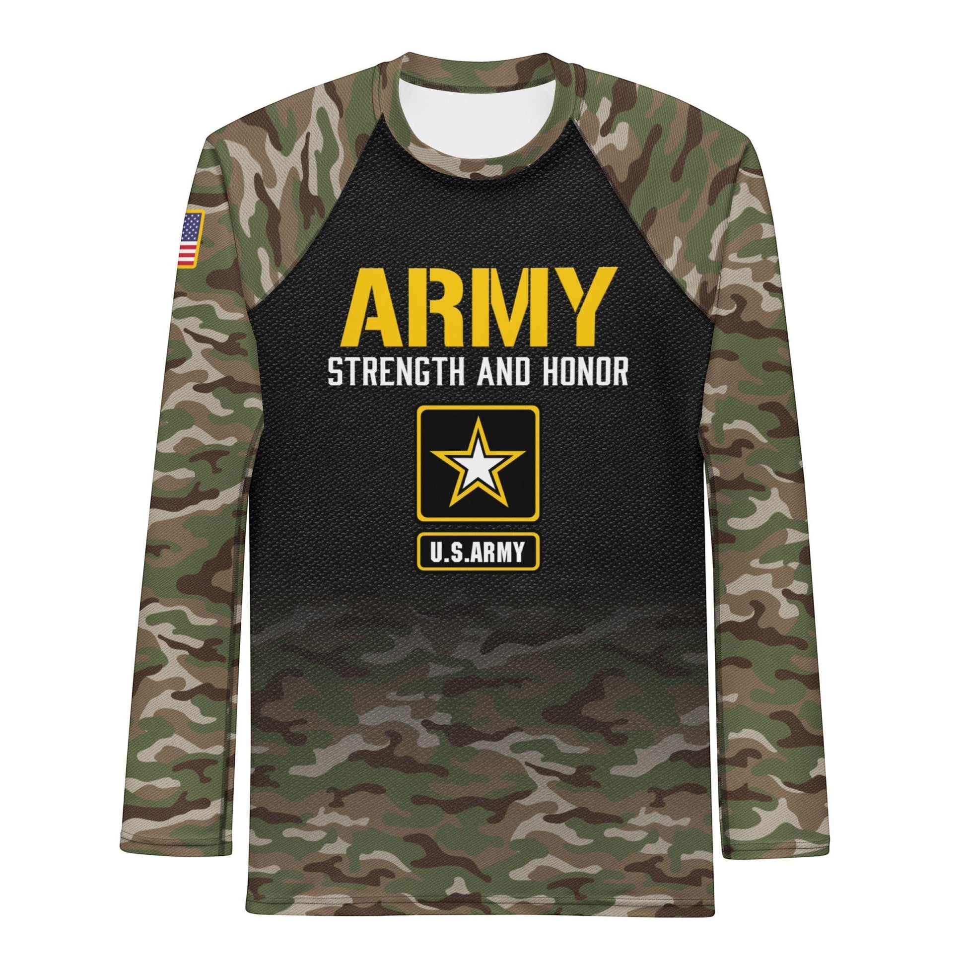 Roll Gear Men's Army Classic Long Sleeve Rash Guard with black body, woodland camo sleeves, yellow U.S. Army lettering, and star emblem.