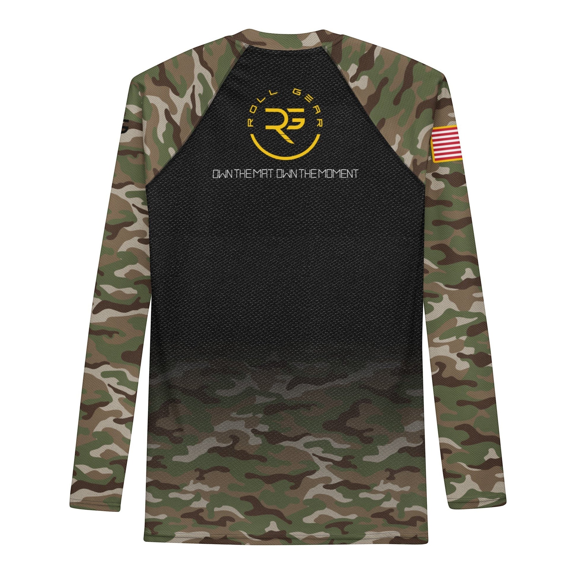 Roll Gear Men's Army Classic Long Sleeve Rash Guard in black with woodland camo sleeves and yellow U.S. Army lettering.