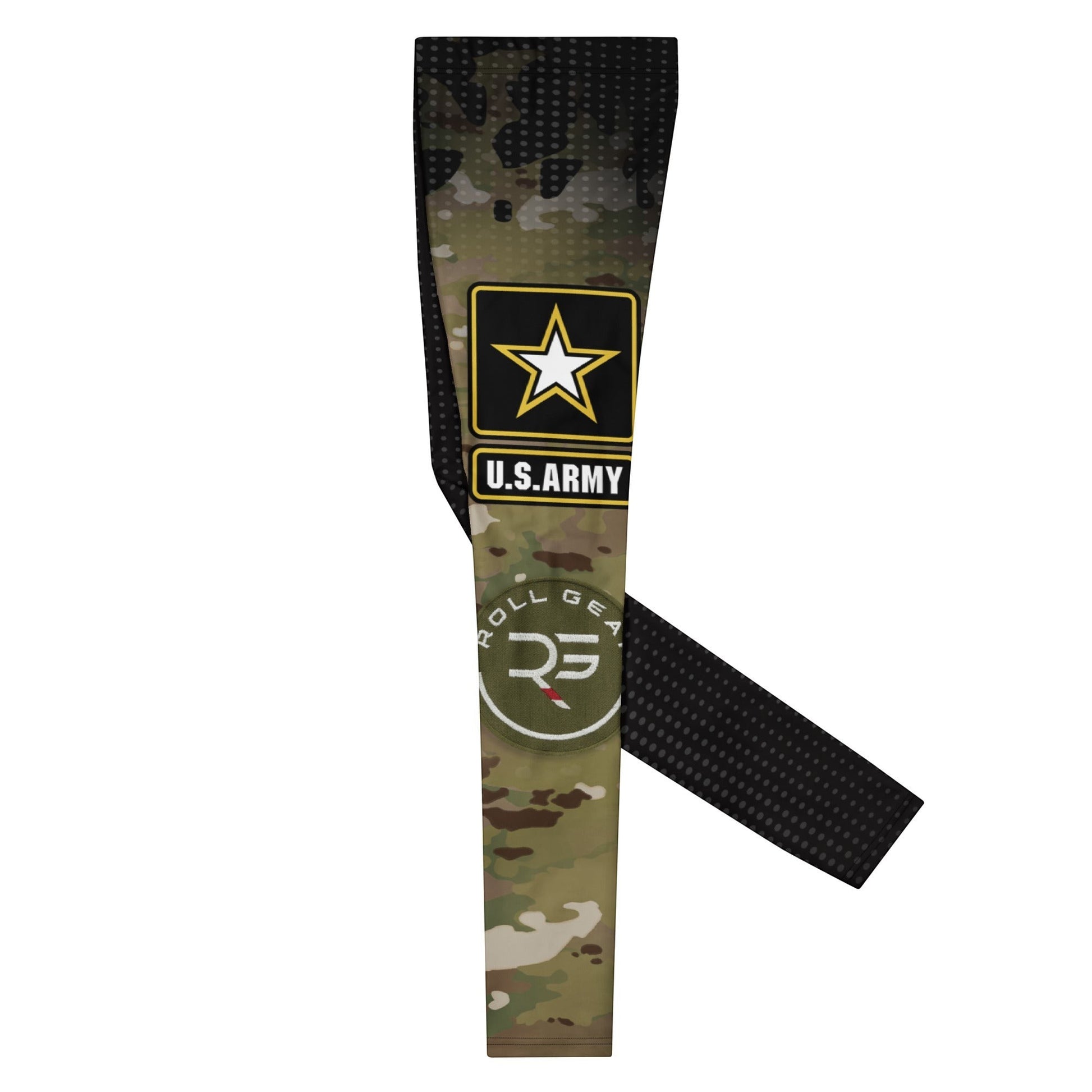Roll Gear Men's Army Compression Spats in black camo with U.S. Army logo. Four-way stretch polyester-spandex blend.