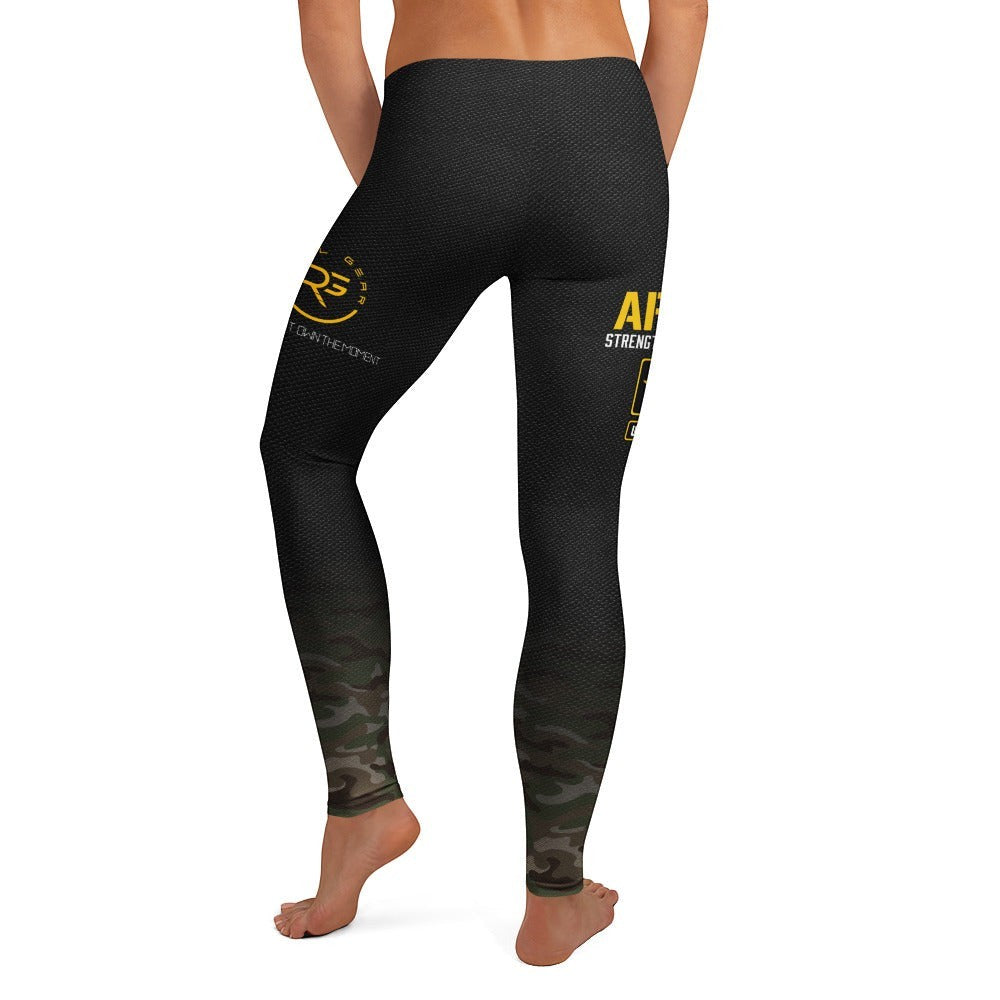 Roll Gear women's black compression spats with a camouflage fade at the ankles and yellow Army lettering. Made of polyester and spandex for athletic performance.
