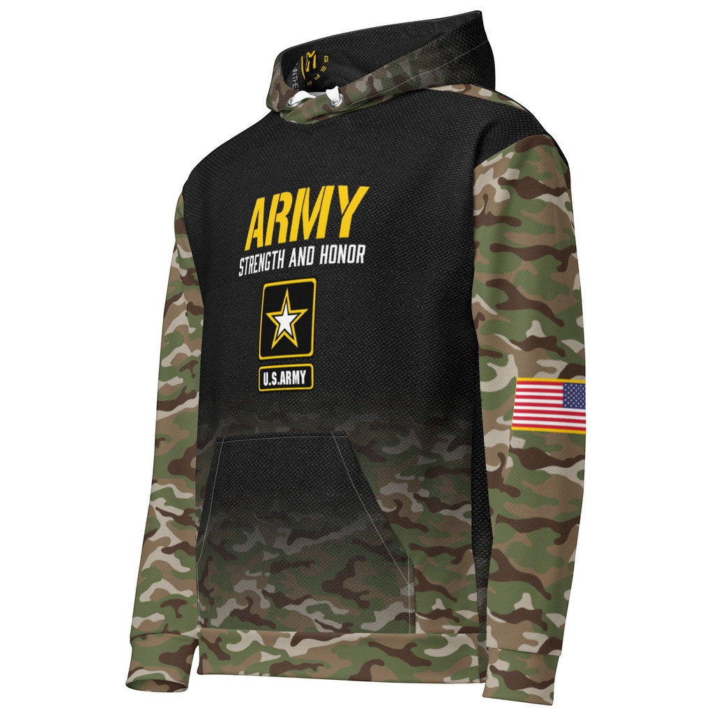 Roll Gear Army Hoodie with camo sleeves, U.S. Army logo, and American flag patch. Made from 95% cotton, 5% elastane.