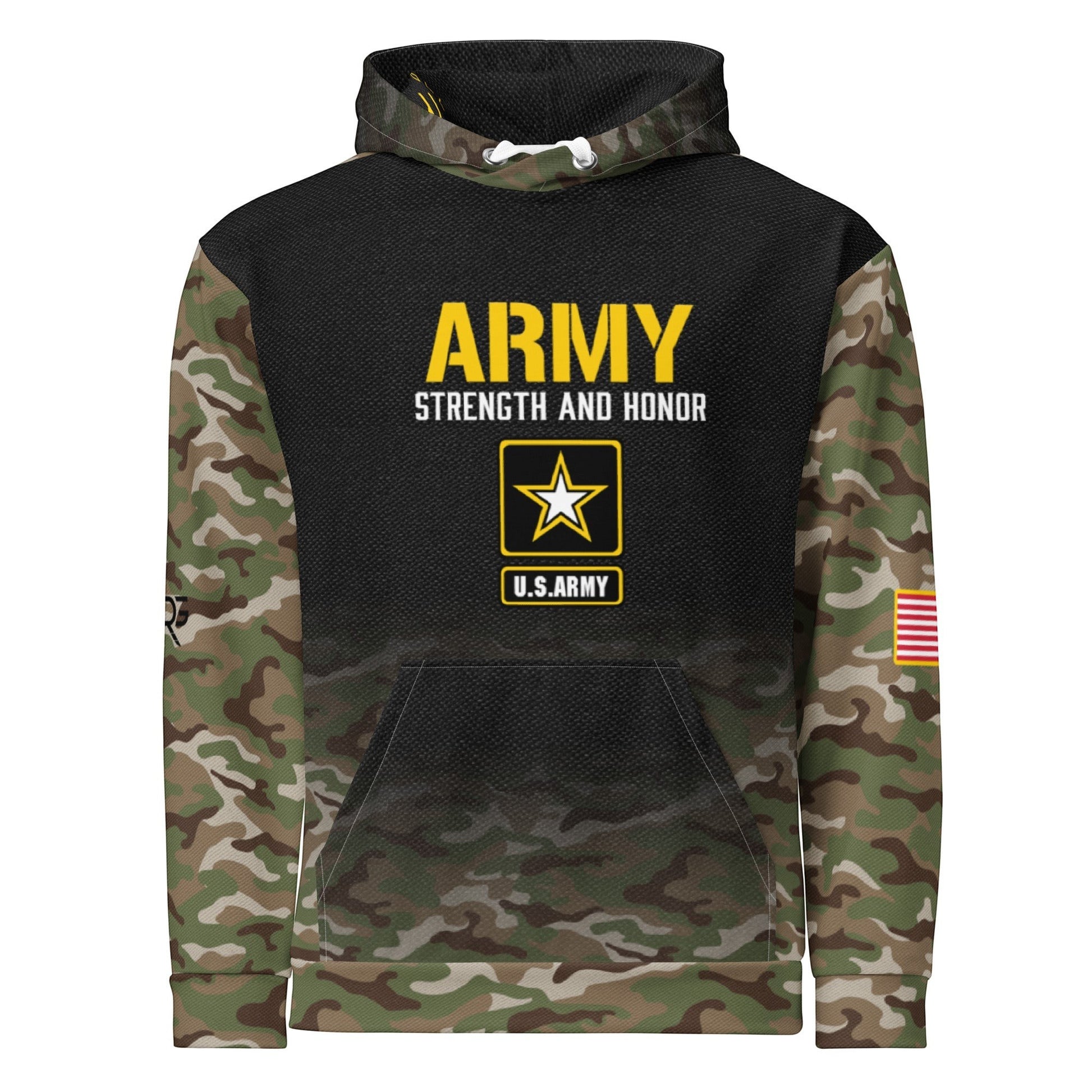 Roll Gear Army Hoodie with camo sleeves, U.S. Army logo, and American flag patch. 95% cotton, 5% elastane.