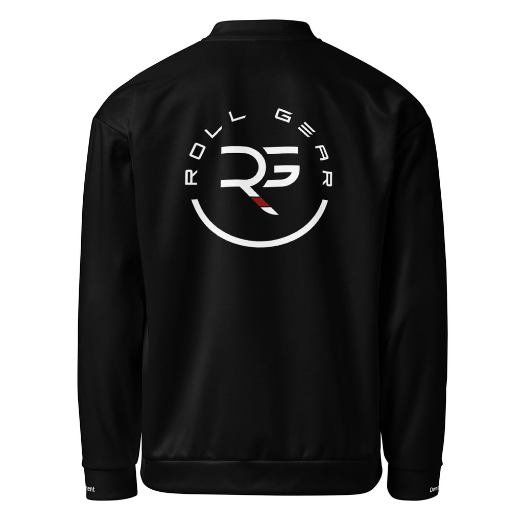 Roll Gear black bomber jacket with embroidered logo on chest and back, ribbed cuffs and waistband.