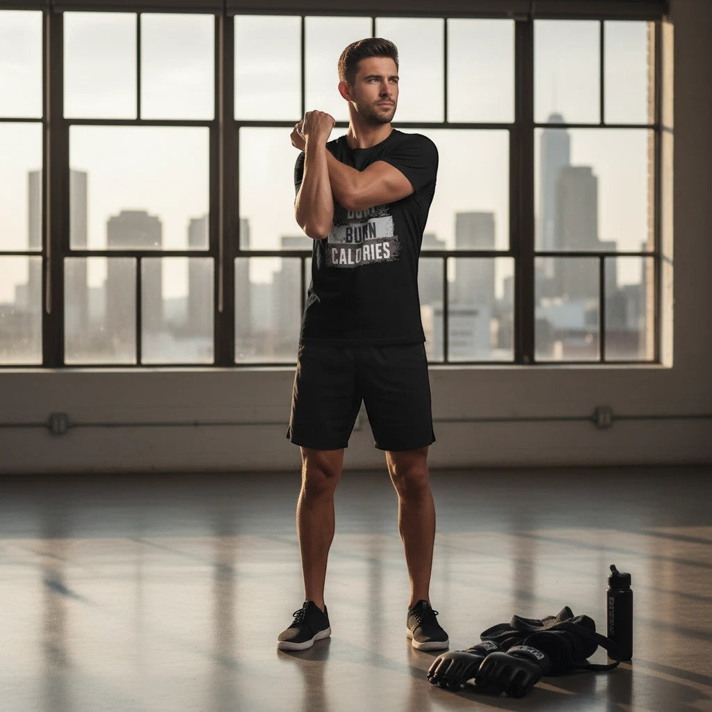 Roll Gear men's black 100% cotton t-shirt with "Excuses Don't Burn Calories" graphic, athletic fit.