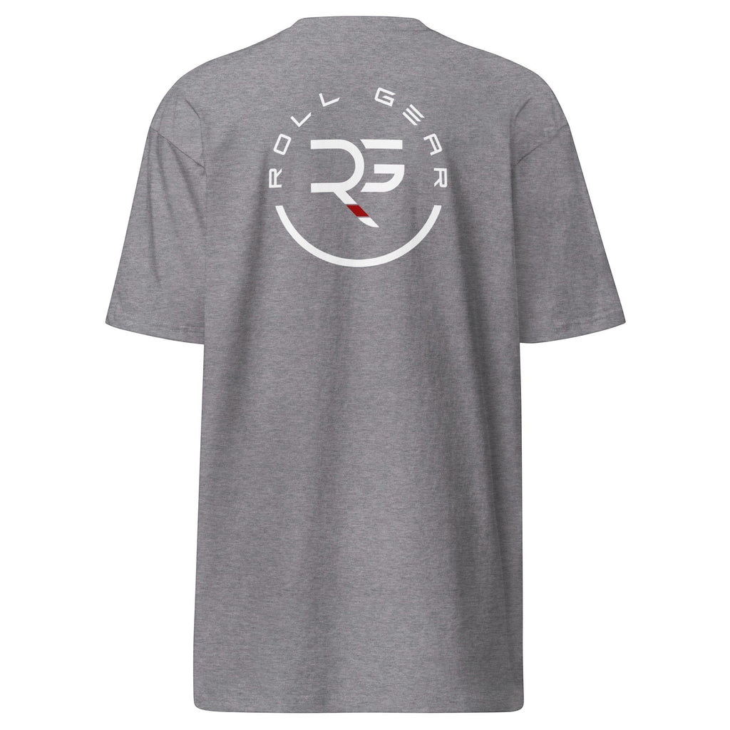 Roll Gear men's black heavyweight cotton t-shirt with circular logo graphic on back