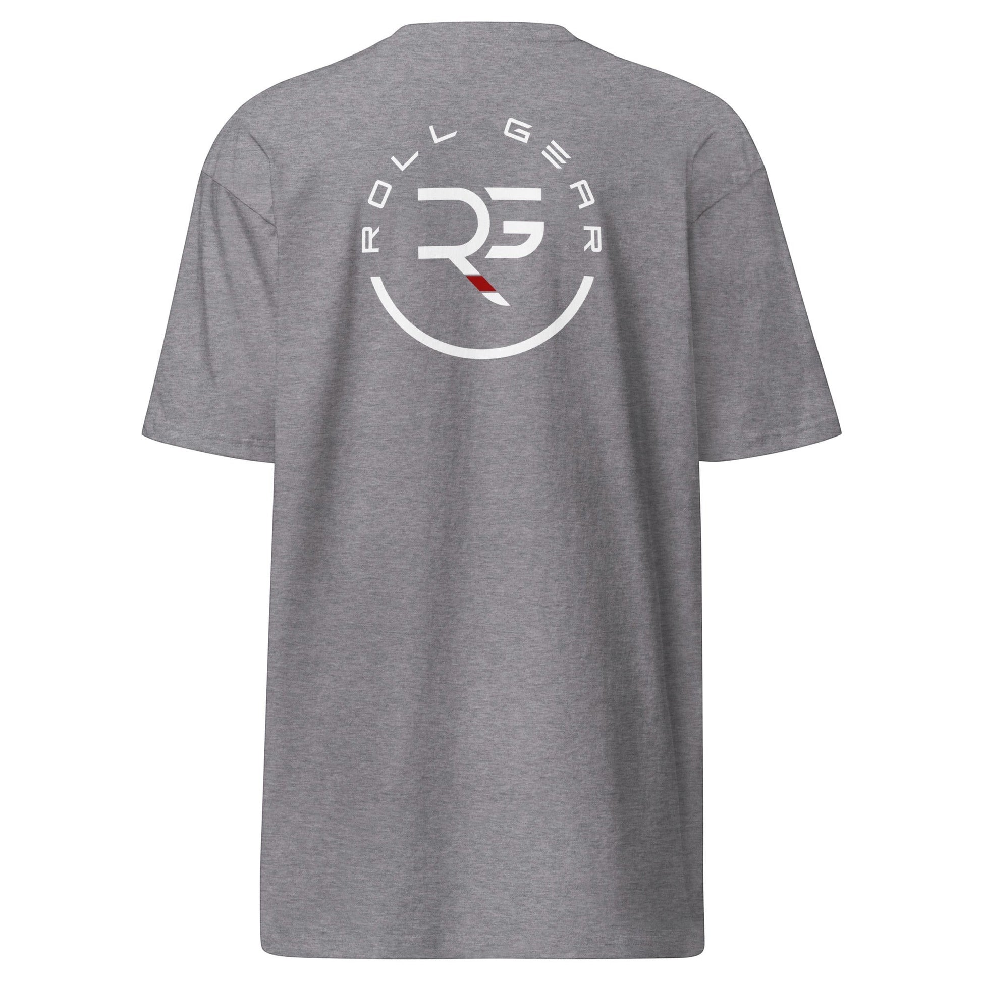 Roll Gear men's black heavyweight cotton t-shirt with circular logo graphic on back