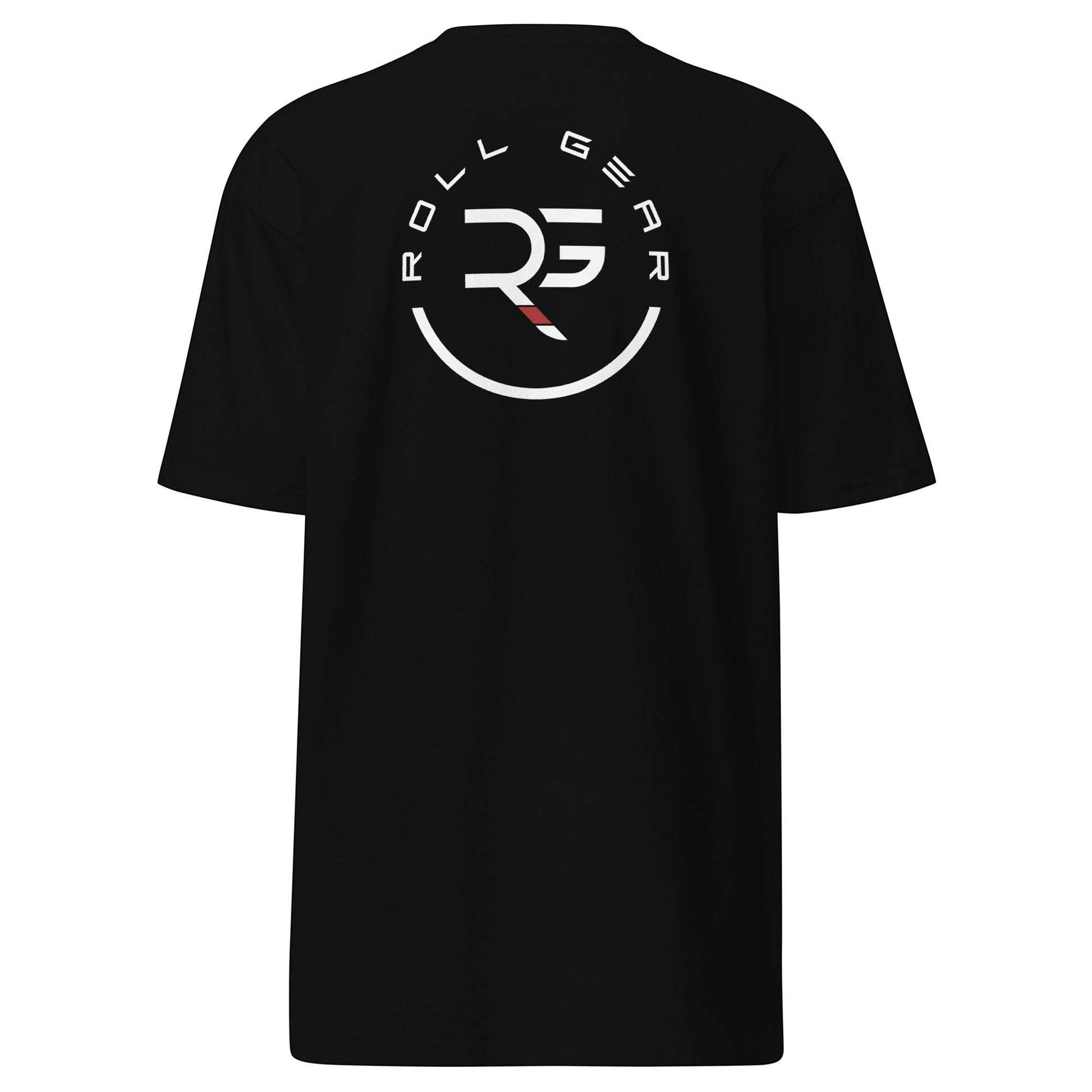 Roll Gear black 100% cotton men's heavyweight t-shirt with circular logo graphic on back.