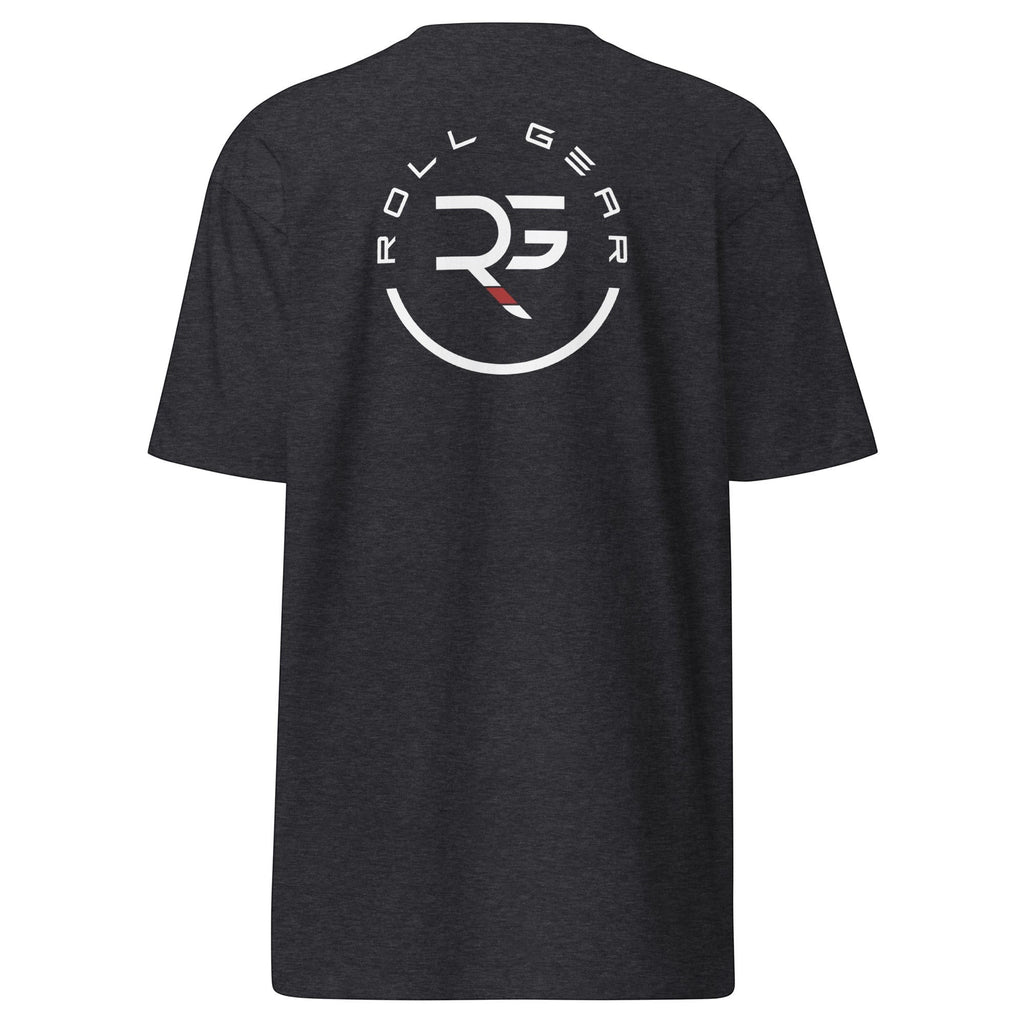 Roll Gear men's black 100% cotton heavyweight t-shirt with circular logo graphic on back.