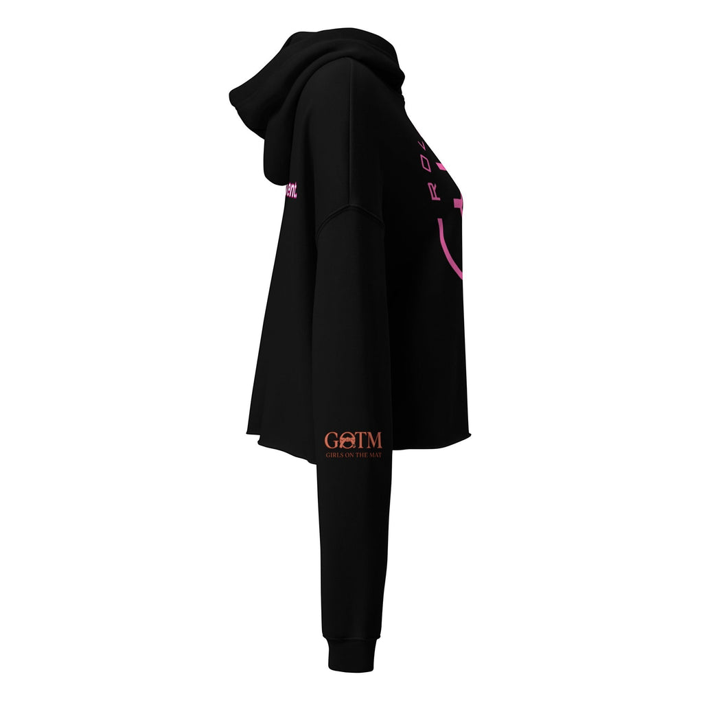 Roll Gear black cropped hoodie with pink graphic details and logo on sleeve.