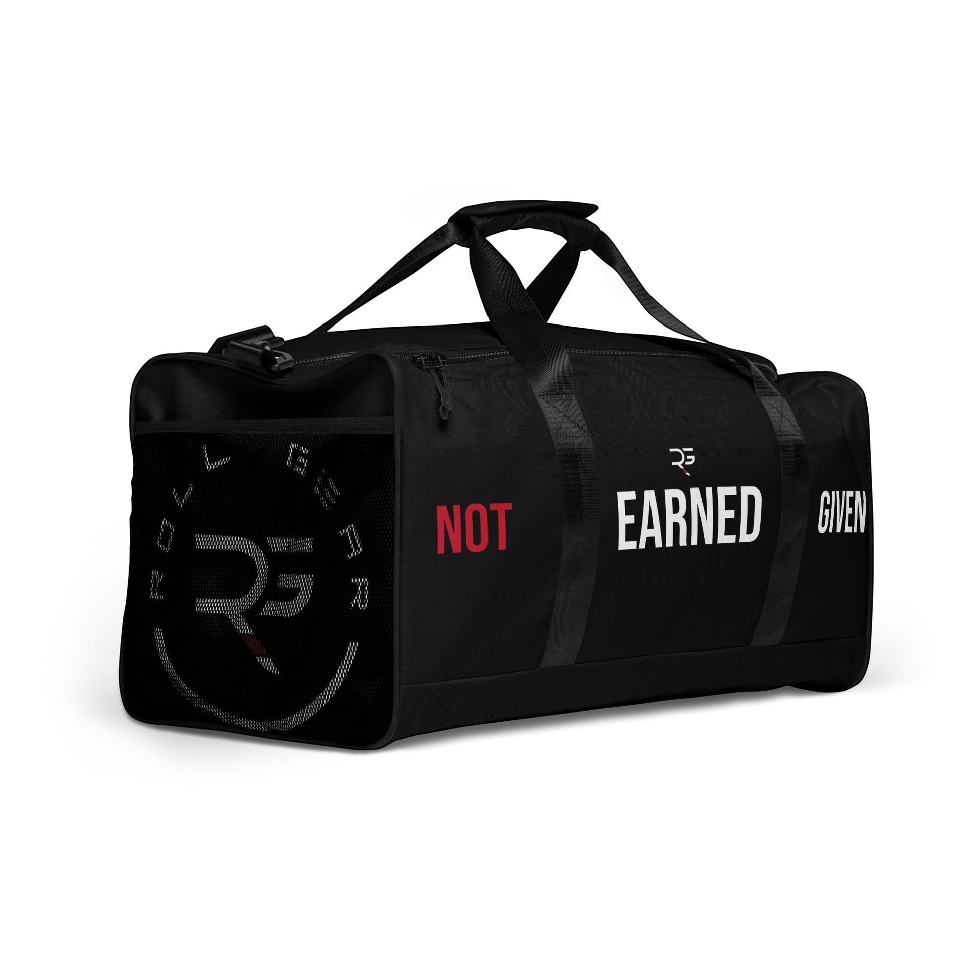 Roll Gear LLC black polyester duffel bag with "NOT EARNED GIVEN" graphic, mesh side pocket, and padded handles.