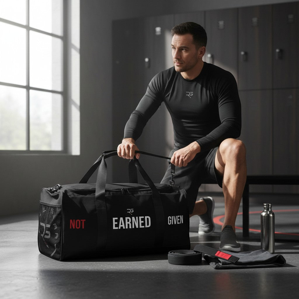 Roll Gear LLC black polyester duffel bag with "NOT EARNED GIVEN" graphic, mesh side pocket, and padded handles.