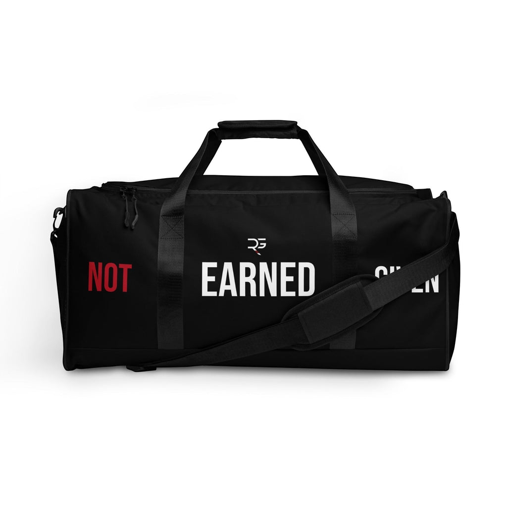 Roll Gear black polyester duffel bag with "NOT EARNED" graphic and adjustable shoulder strap. Ideal for training.