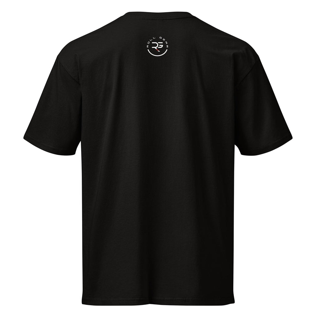 Roll Gear black heavyweight cotton t-shirt with graphic logo on back. Relaxed fit, drop shoulder.
