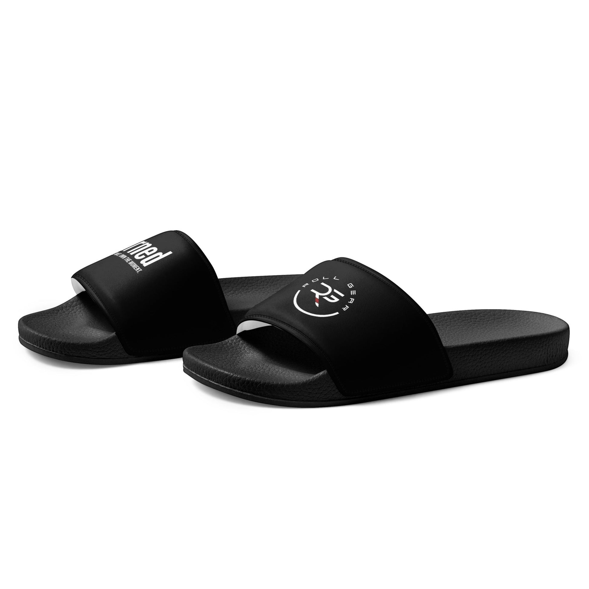 Roll Gear black men's slides with cushioned footbed and secure strap, ideal for recovery and lifestyle.