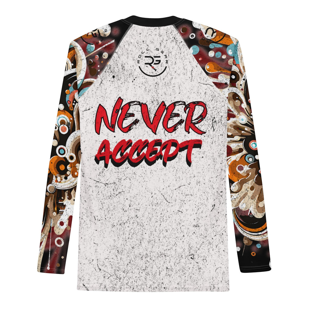 Roll Gear Men's black long sleeve rash guard with "Never Accept" graphic and abstract sleeve art. Moisture-wicking.