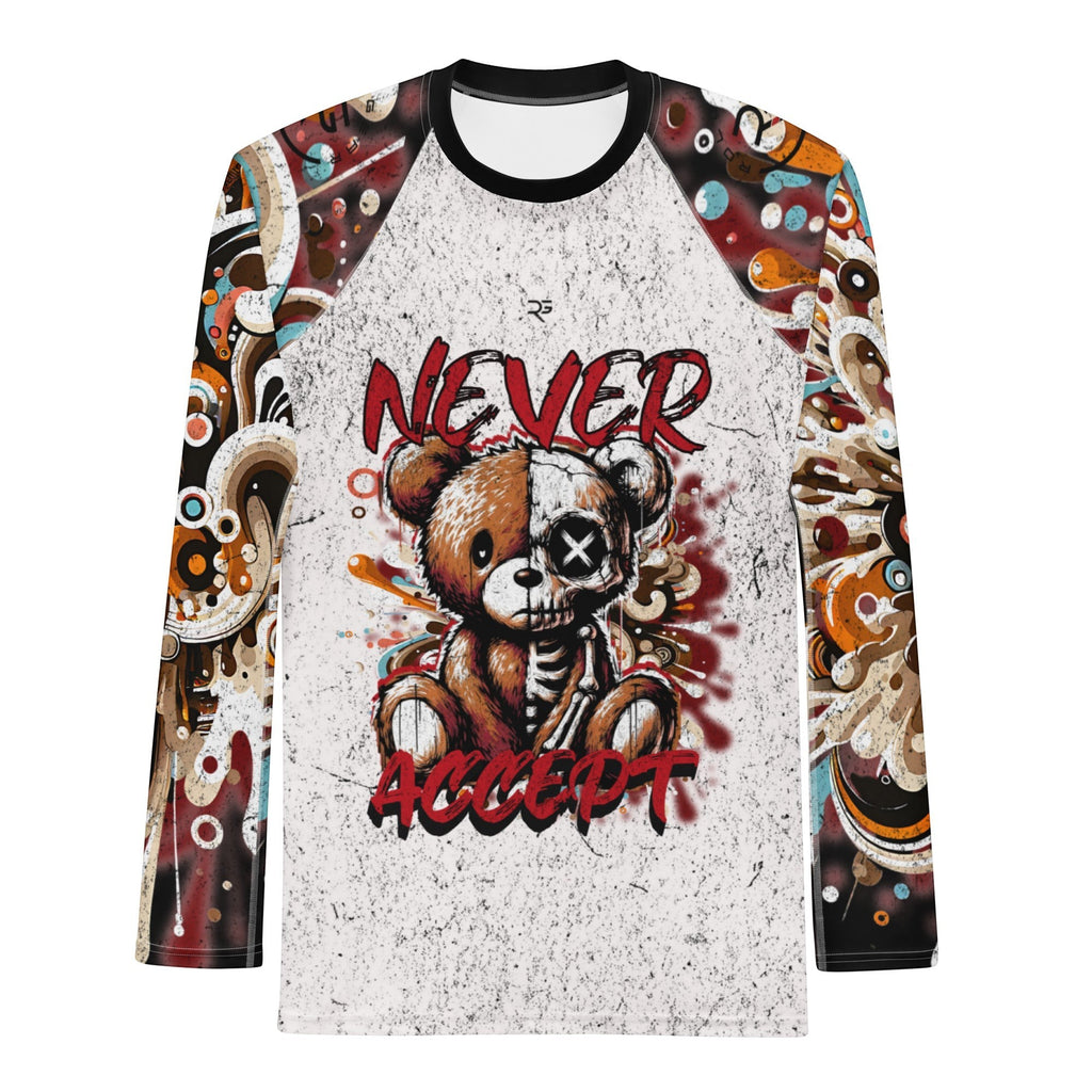 Roll Gear men's black long sleeve rash guard with "Never Accept" teddy bear skeleton graphic. Moisture-wicking fabric.