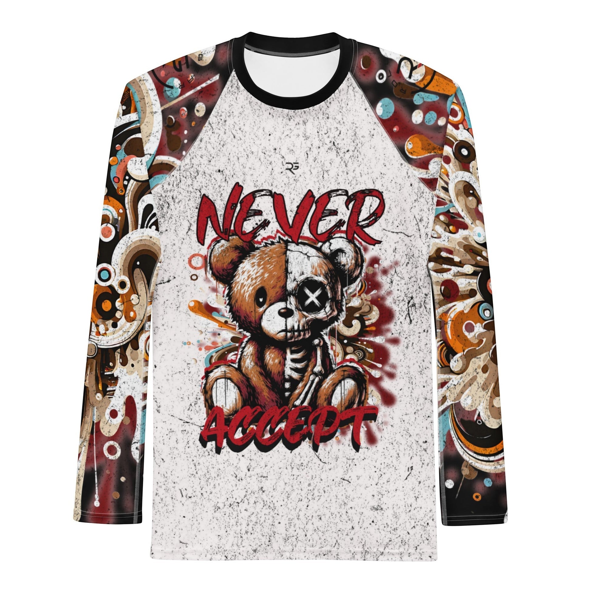 Roll Gear men's black long sleeve rash guard with "Never Accept" teddy bear skeleton graphic. Moisture-wicking fabric.