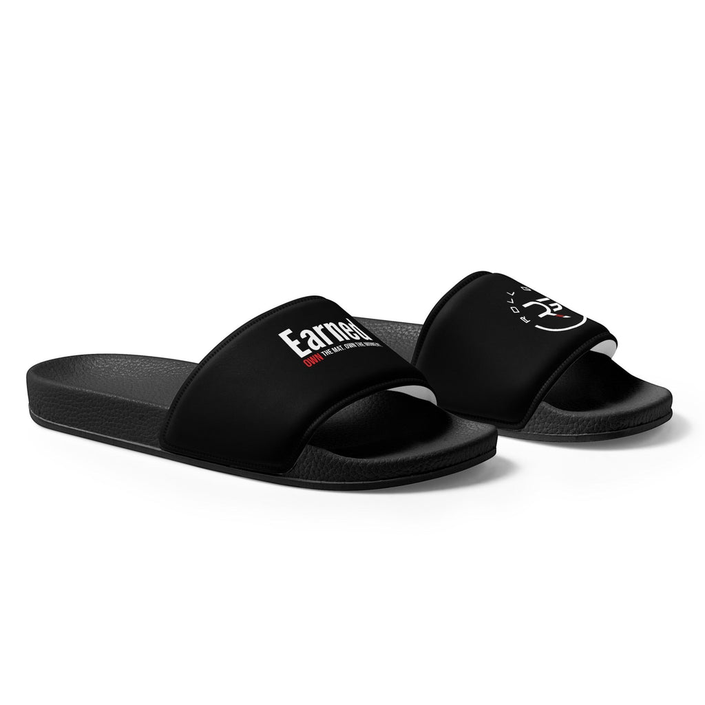 Roll Gear black men's slides with cushioned footbed and secure strap. Features 'Earned' logo.