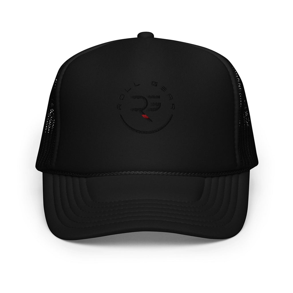 Roll Gear black trucker hat with embroidered logo and mesh back for ventilation. Adjustable snapback closure.