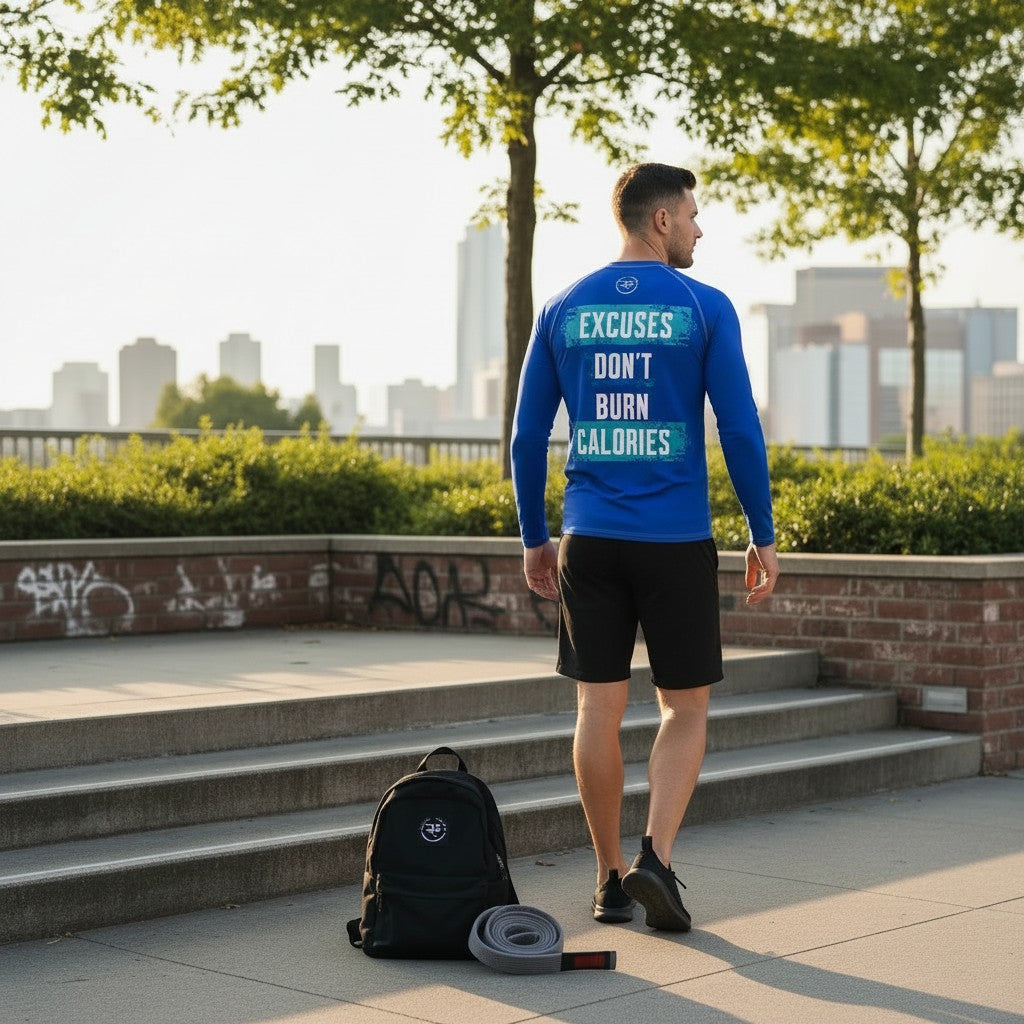 Roll Gear blue long sleeve rash guard for men with "Excuses Don’t Burn Calories" graphic. Athletic fit, moisture-wicking.