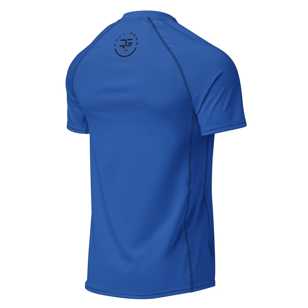 Roll Gear blue short-sleeve performance rash guard with reinforced seams and logo on back. Unisex adult.