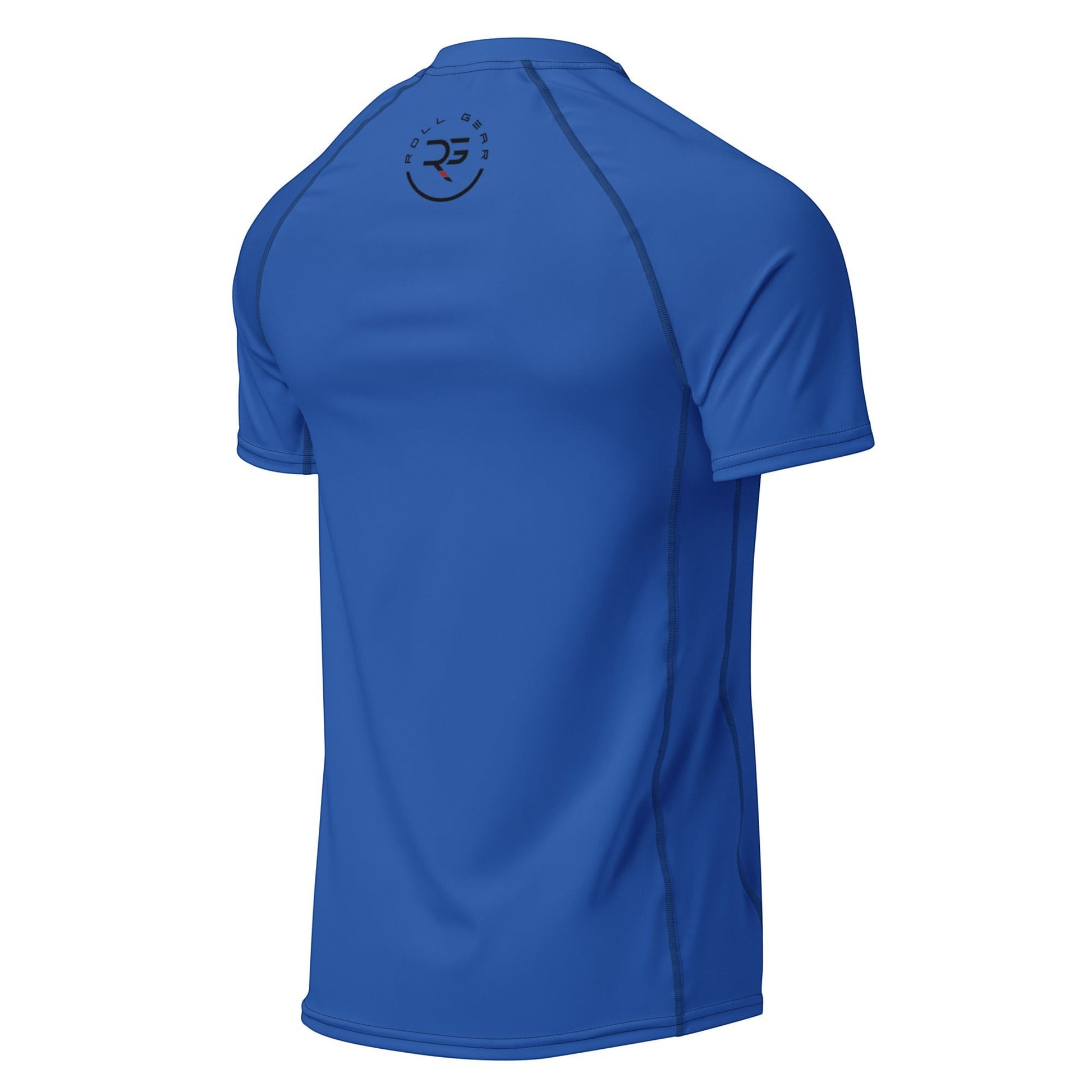 Roll Gear blue short-sleeve performance rash guard with reinforced seams and logo on back. Unisex adult.