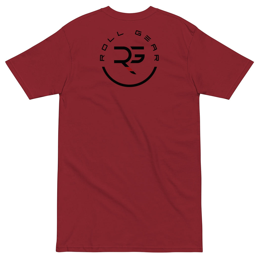 Roll Gear premium heavyweight cotton t-shirt in brick red with a circular logo on the back.