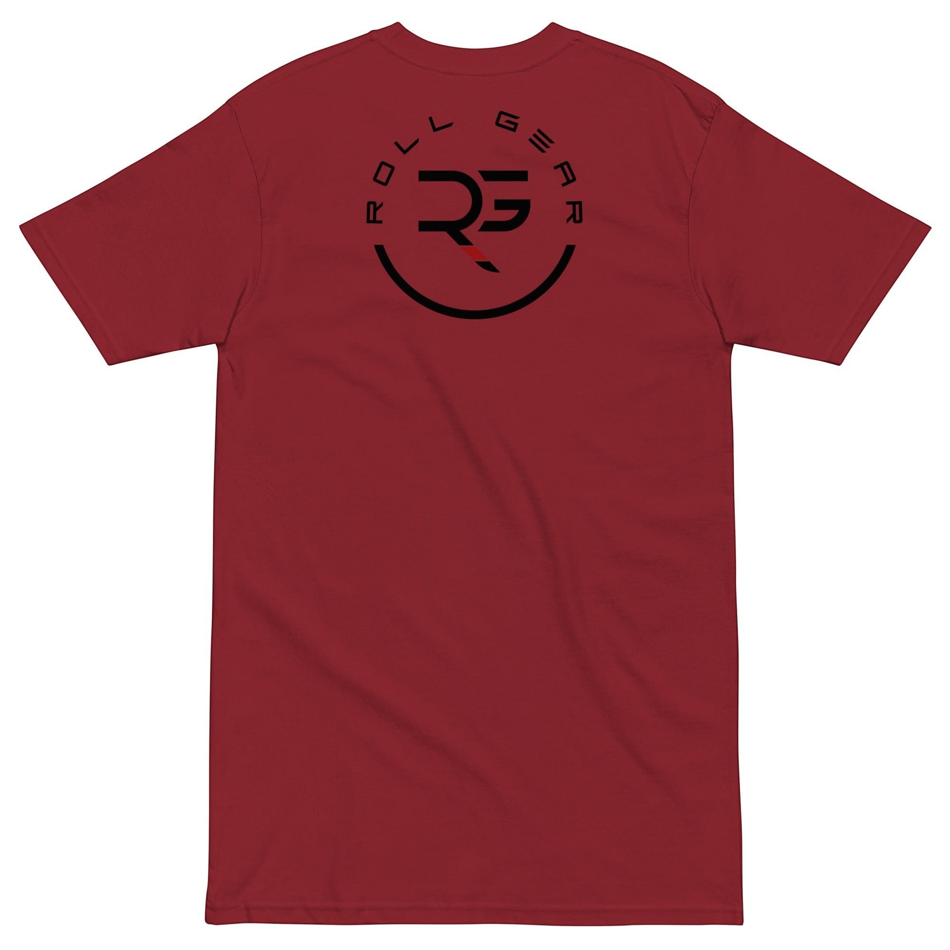 Roll Gear premium heavyweight cotton t-shirt in brick red with a circular logo on the back.