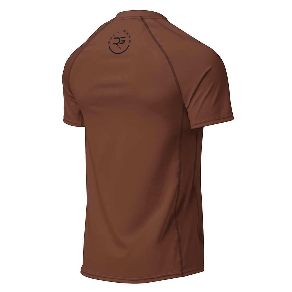 Roll Gear brown short sleeve unisex BJJ rash guard with moisture-wicking fabric and reinforced seams.