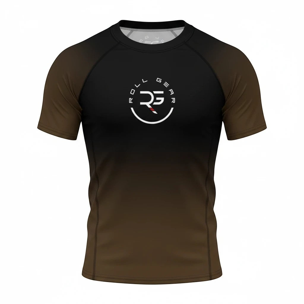 Roll Gear adult short sleeve rash guard with black to brown gradient fade and circular logo on chest.