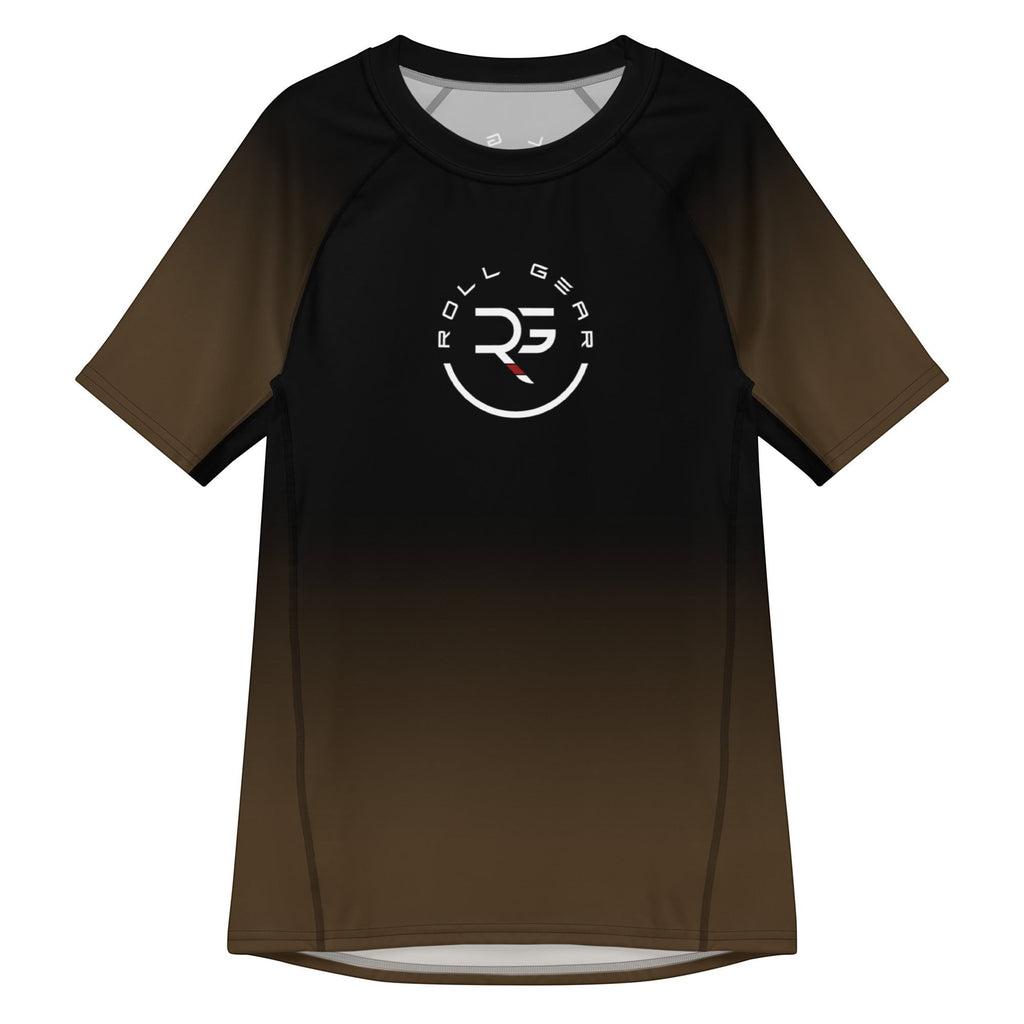 Roll Gear adult short sleeve rash guard with black to brown gradient fade and circular logo on chest.