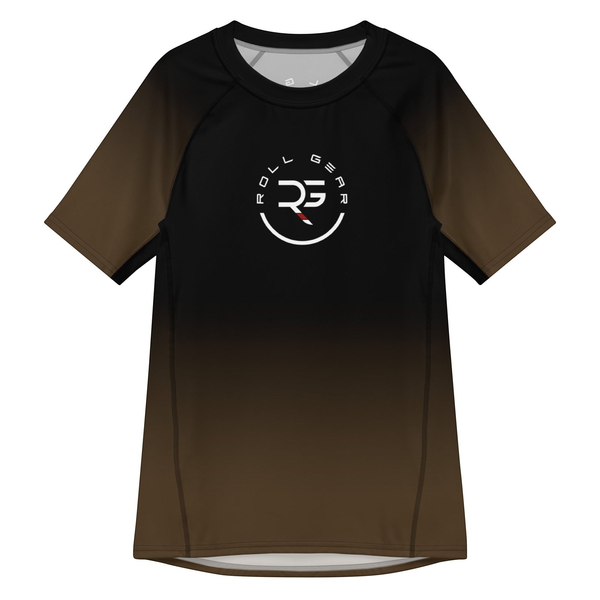 Roll Gear adult short sleeve rash guard with black to brown gradient fade and circular logo on chest.