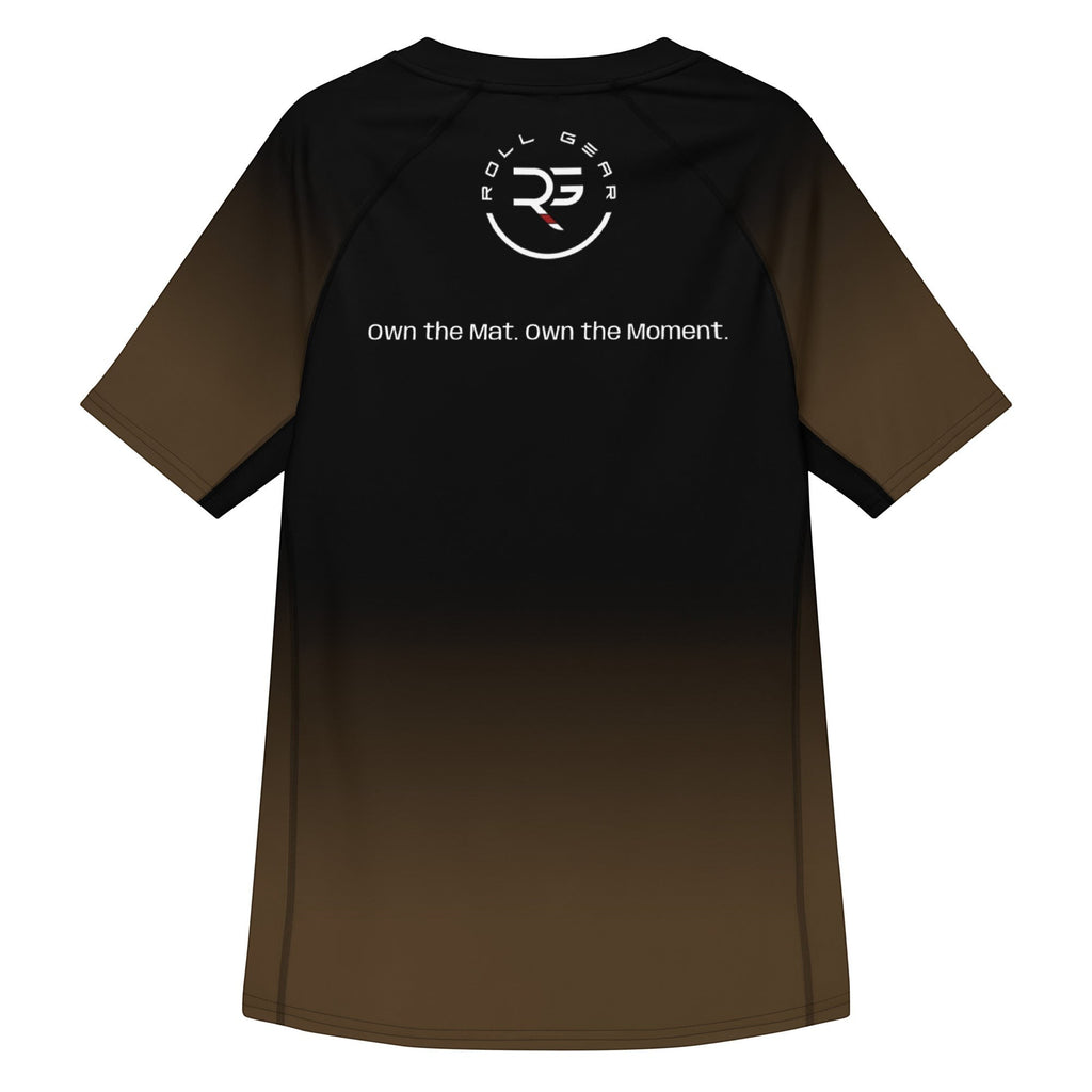 Roll Gear adult short sleeve rash guard with black to brown gradient fade and logo.