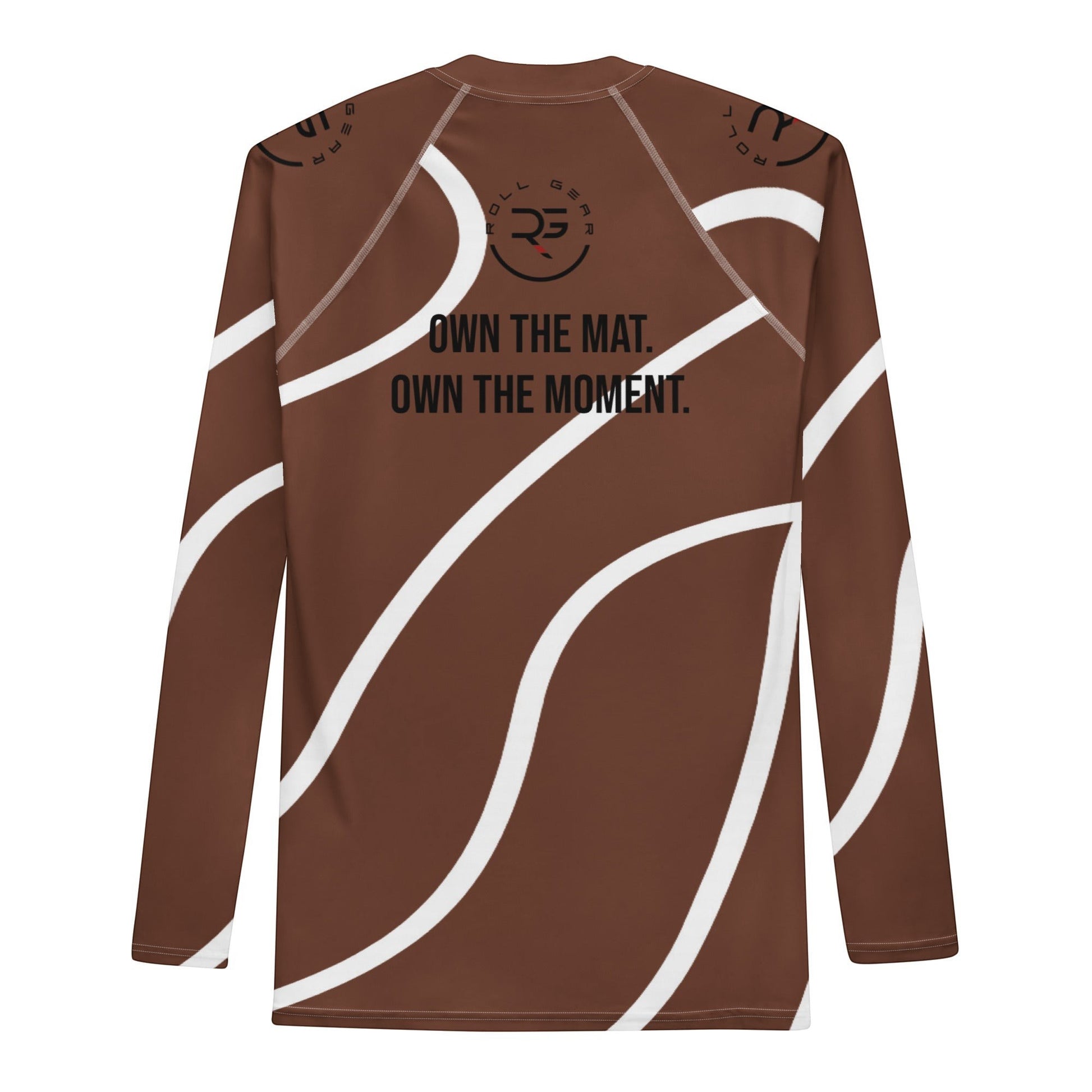 Roll Gear men's brown and white swirl long-sleeve rash guard with "Earned Not Given" graphic.