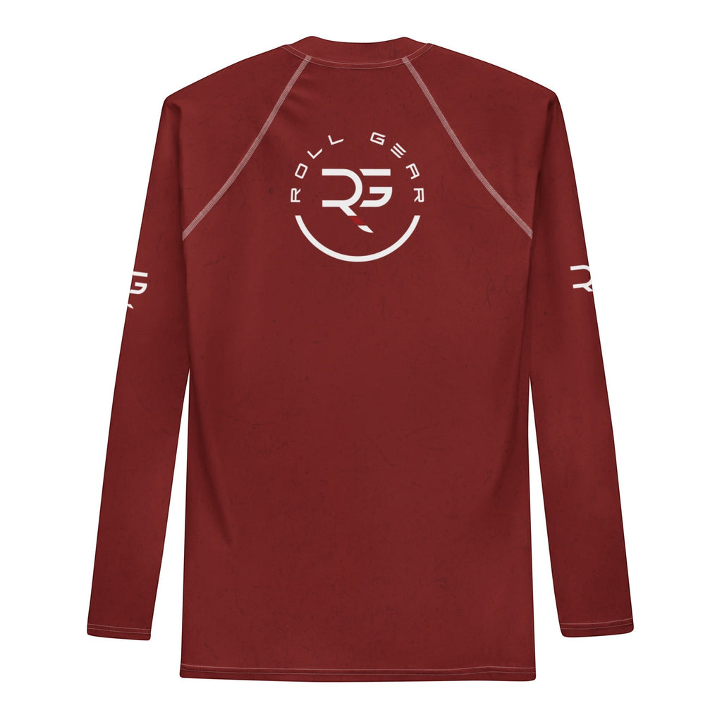 Roll Gear men's long sleeve rash guard in deep red with white logo and text on back and sleeve. Moisture-wicking, stretch fabric.