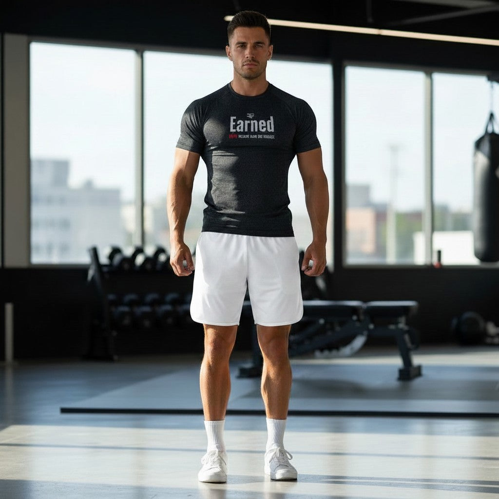 Roll Gear Earned Not Given short sleeve rash guard in black, designed for athletic compression and moisture-wicking comfort.