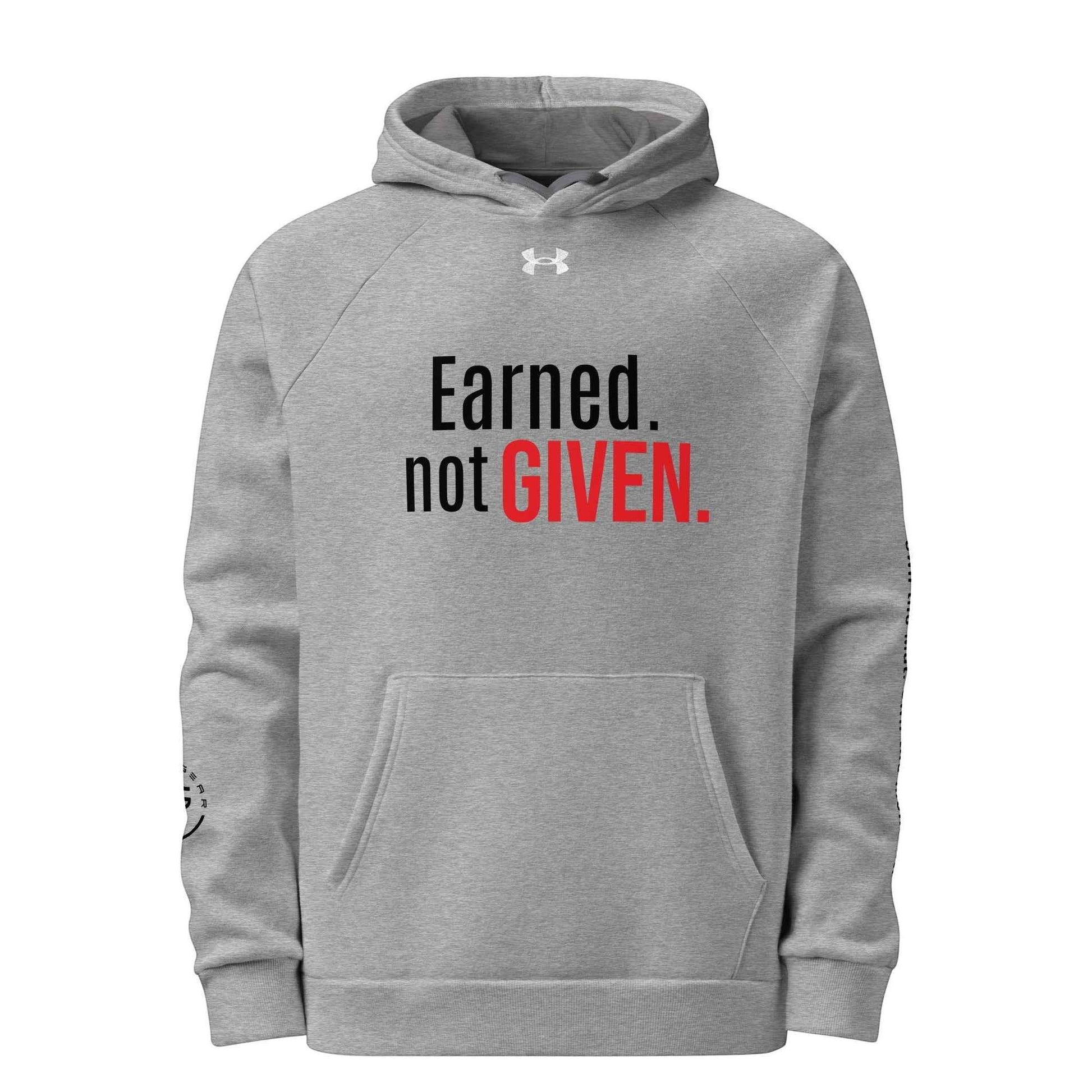 Roll Gear grey cotton-poly blend hoodie with "Earned. not GIVEN." graphic print and front pocket.