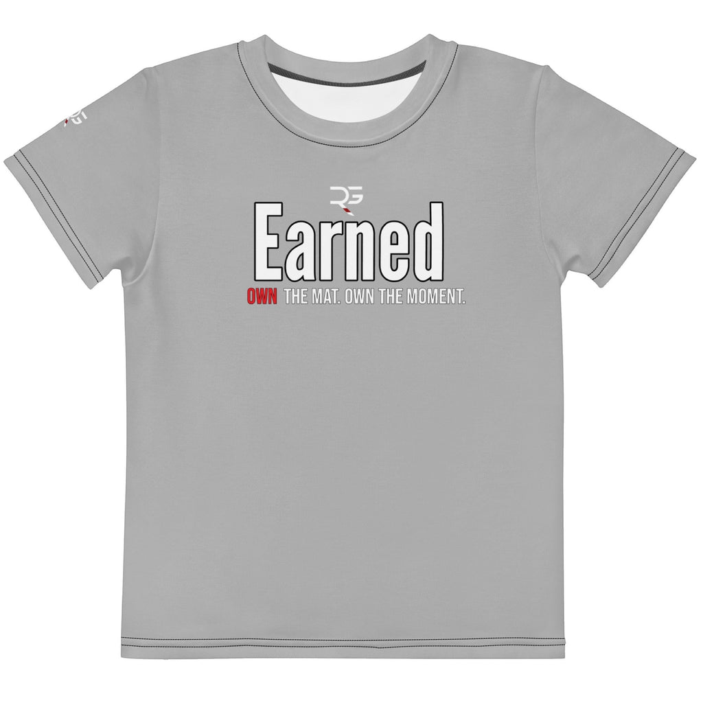 Roll Gear kids grey t-shirt with "Earned Not Given" graphic and "OWN THE MAT. OWN THE MOMENT." text.