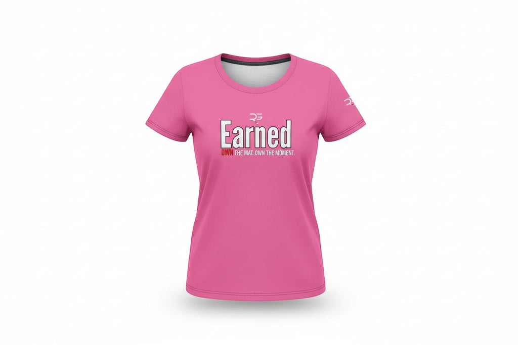 Roll Gear women's pink cotton-elastane blend t-shirt with Earned Not Given Legacy Edition graphic.