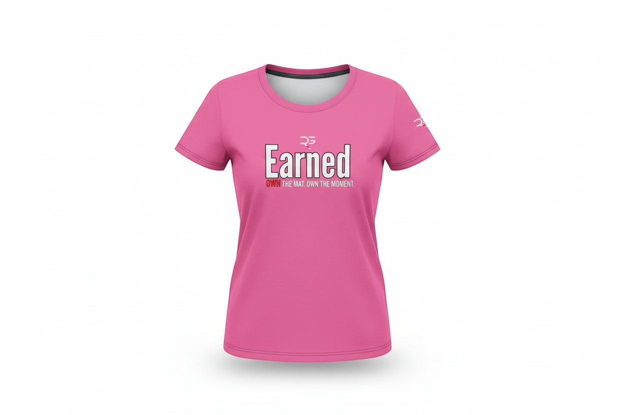 Roll Gear women's pink cotton-elastane blend t-shirt with Earned Not Given Legacy Edition graphic.